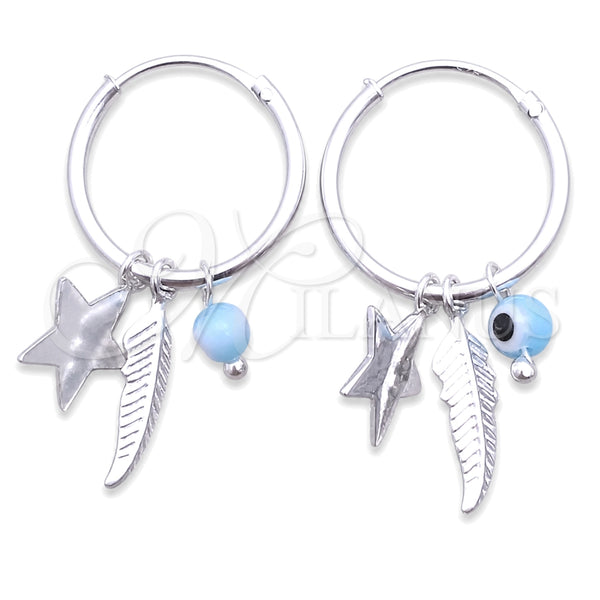 Sterling Silver Small Hoop, Evil Eye and Star Design, with Aqua Blue Cubic Zirconia, Polished, Silver Finish, 02.401.0033.15