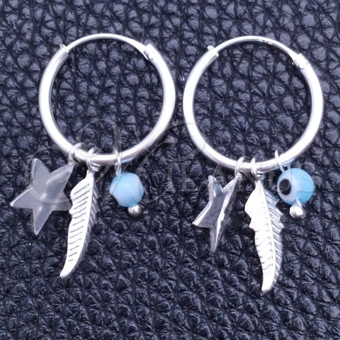 Sterling Silver Small Hoop, Evil Eye and Star Design, with Aqua Blue Cubic Zirconia, Polished, Silver Finish, 02.401.0033.15