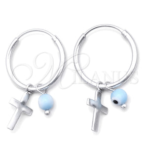 Sterling Silver Small Hoop, Evil Eye and Cross Design, with Aqua Blue Cubic Zirconia, Polished, Silver Finish, 02.401.0034.15