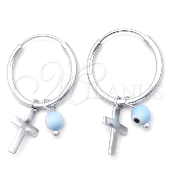 Sterling Silver Small Hoop, Evil Eye and Cross Design, with Aqua Blue Cubic Zirconia, Polished, Silver Finish, 02.401.0034.15