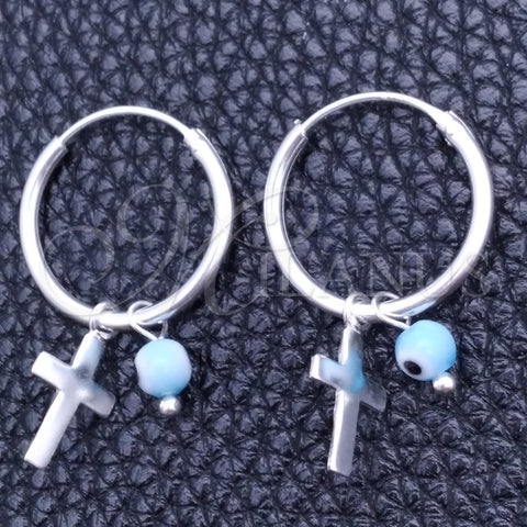 Sterling Silver Small Hoop, Evil Eye and Cross Design, with Aqua Blue Cubic Zirconia, Polished, Silver Finish, 02.401.0034.15