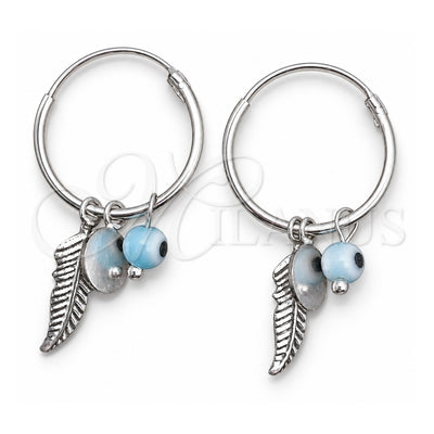 Sterling Silver Small Hoop, Evil Eye and Flower Design, with Aqua Blue Crystal, Polished, Silver Finish, 02.401.0036.15