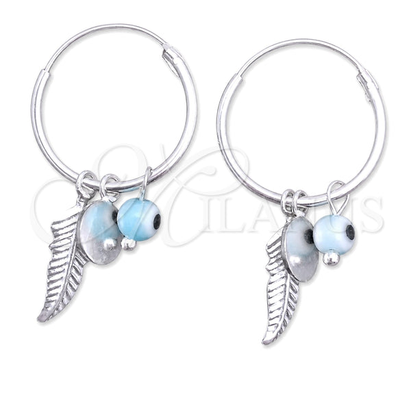 Sterling Silver Small Hoop, Evil Eye and Flower Design, with Aqua Blue Crystal, Polished, Silver Finish, 02.401.0036.15