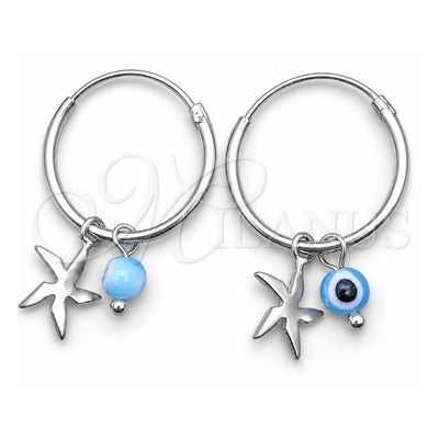 Sterling Silver Small Hoop, Evil Eye and Flower Design, with Aqua Blue Crystal, Polished, Silver Finish, 02.401.0037.15