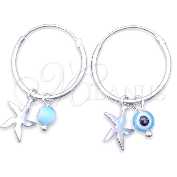 Sterling Silver Small Hoop, Evil Eye and Flower Design, with Aqua Blue Crystal, Polished, Silver Finish, 02.401.0037.15