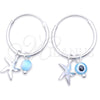 Sterling Silver Small Hoop, Evil Eye and Flower Design, with Aqua Blue Crystal, Polished, Silver Finish, 02.401.0037.15