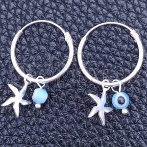 Sterling Silver Hoop Earrings — Small Hoop Evil Eye and Flower Design with — main product view — SKU 149387 | Plata 925 aretes de aro — Small Hoop Evil Eye and flor diseño with — SKU 149387