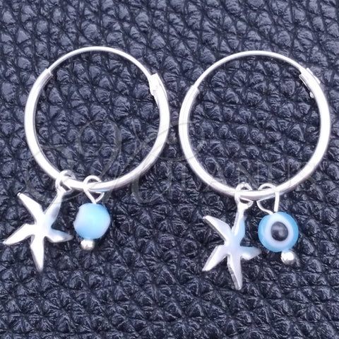 Sterling Silver Small Hoop, Evil Eye and Flower Design, with Aqua Blue Crystal, Polished, Silver Finish, 02.401.0037.15
