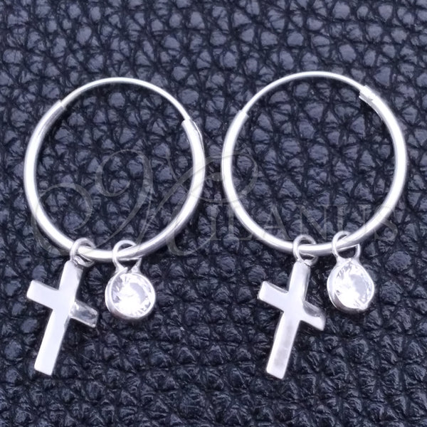 Sterling Silver Hoop Earrings — Small Hoop Cross Design with White Cubic Zirconia — main product view — SKU 149393 | Plata 925 aretes de aro — Small Hoop cruz diseño with blanco Cubic Zirconia — SKU 149393