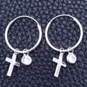 Sterling Silver Hoop Earrings — Small Hoop Cross Design with White Cubic Zirconia — main product view — SKU 149393 | Plata 925 aretes de aro — Small Hoop cruz diseño with blanco Cubic Zirconia — SKU 149393