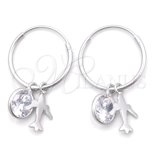 Sterling Silver Hoop Earrings — Small Hoop Airplane Design with White Cubic Zirconia — main product view — SKU 149396 | Plata 925 aretes de aro — Small Hoop Airplane diseño with blanco Cubic Zirconia — SKU 149396