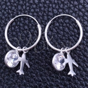 Sterling Silver Hoop Earrings — Small Hoop Airplane Design with White Cubic Zirconia — main product view — SKU 149396 | Plata 925 aretes de aro — Small Hoop Airplane diseño with blanco Cubic Zirconia — SKU 149396