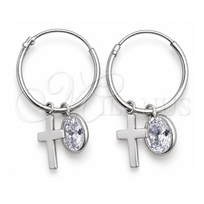 Sterling Silver Small Hoop, Cross Design, with White Cubic Zirconia, Polished, Silver Finish, 02.401.0047.15