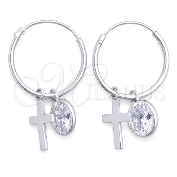 Sterling Silver Small Hoop, Cross Design, with White Cubic Zirconia, Polished, Silver Finish, 02.401.0047.15