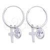 Sterling Silver Small Hoop, Cross Design, with White Cubic Zirconia, Polished, Silver Finish, 02.401.0047.15