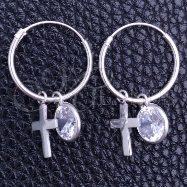 Sterling Silver Hoop Earrings — Small Hoop Cross Design with White Cubic Zirconia — main product view — SKU 149397 | Plata 925 aretes de aro — Small Hoop cruz diseño with blanco Cubic Zirconia — SKU 149397