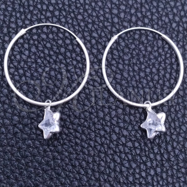 Sterling Silver Hoop Earrings — Small Hoop Star Design with White Cubic Zirconia — main product view — SKU 149398 | Plata 925 aretes de aro — Small Hoop estrella diseño with blanco Cubic Zirconia — SKU 149398