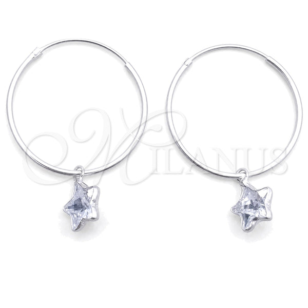 Sterling Silver Small Hoop, Star Design, with White Cubic Zirconia, Polished, Silver Finish, 02.401.0048.25