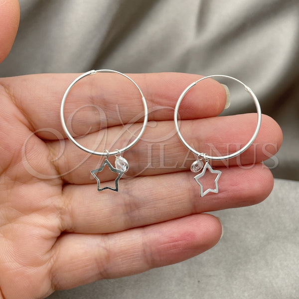 Sterling Silver Hoop Earrings — Small Hoop Star Design with White Cubic Zirconia — alternate product view — SKU 149399 | Plata 925 aretes de aro — Small Hoop estrella diseño with blanco Cubic Zirconia — SKU 149399