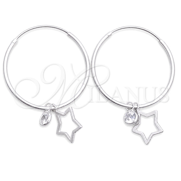 Sterling Silver Small Hoop, Star Design, with White Cubic Zirconia, Polished, Silver Finish, 02.401.0049.25