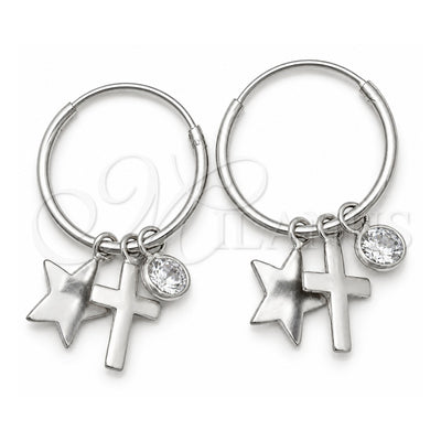 Sterling Silver Small Hoop, Cross and Star Design, with White Cubic Zirconia, Polished, Silver Finish, 02.401.0050.15