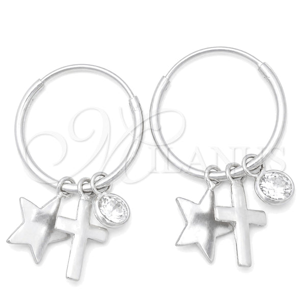 Sterling Silver Hoop Earrings — Small Hoop Cross and Star Design with White — main product view — SKU 149400 | Plata 925 aretes de aro — Small Hoop cruz and estrella diseño with blanco — SKU 149400