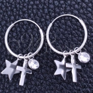 Sterling Silver Hoop Earrings — Small Hoop Cross and Star Design with White — main product view — SKU 149400 | Plata 925 aretes de aro — Small Hoop cruz and estrella diseño with blanco — SKU 149400