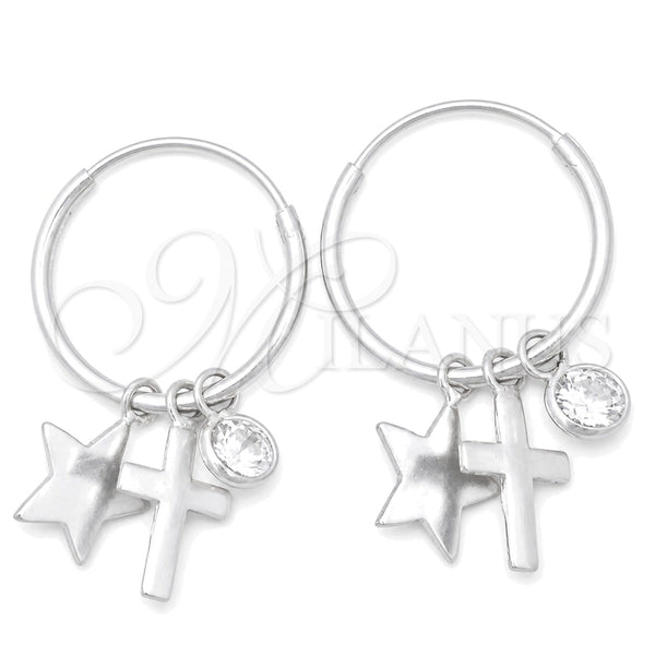 Sterling Silver Small Hoop, Cross and Star Design, with White Cubic Zirconia, Polished, Silver Finish, 02.401.0050.15