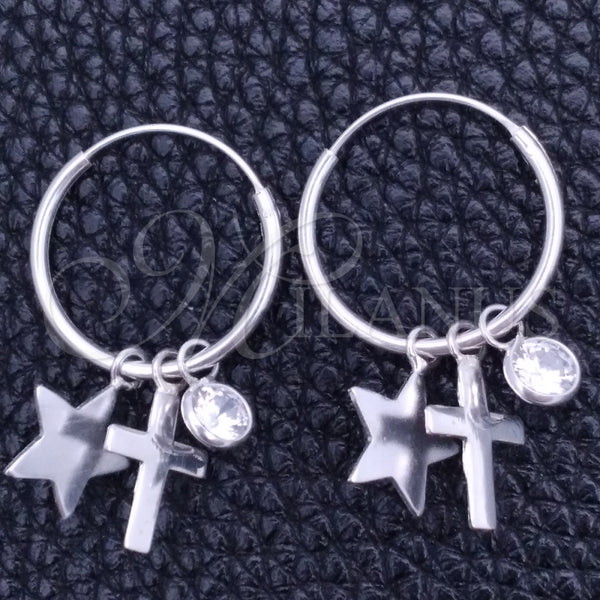 Sterling Silver Hoop Earrings — Small Hoop Cross and Star Design with White — main product view — SKU 149400 | Plata 925 aretes de aro — Small Hoop cruz and estrella diseño with blanco — SKU 149400