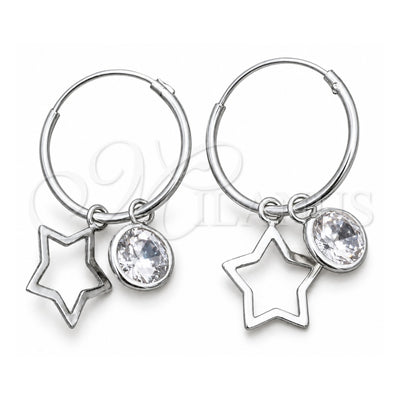 Sterling Silver Small Hoop, Star Design, with White Cubic Zirconia, Polished, Silver Finish, 02.401.0051.15