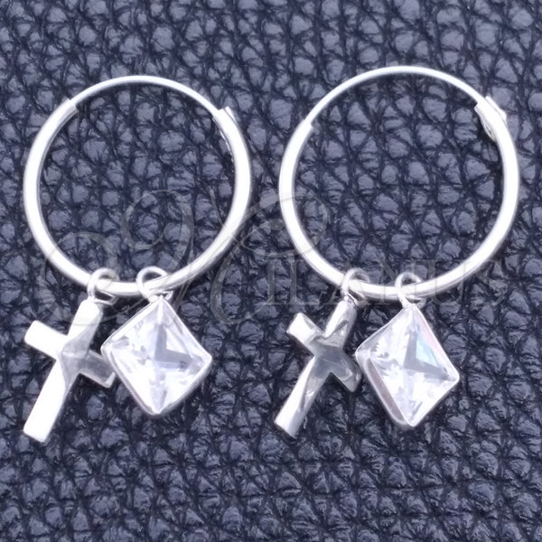 Sterling Silver Hoop Earrings — Small Hoop Cross Design with White Cubic Zirconia — main product view — SKU 149402 | Plata 925 aretes de aro — Small Hoop cruz diseño with blanco Cubic Zirconia — SKU 149402