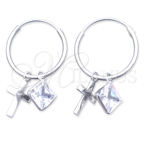 Sterling Silver Small Hoop, Cross Design, with White Cubic Zirconia, Polished, Silver Finish, 02.401.0052.15