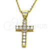 Oro Laminado Religious Pendant, Gold Filled Style Cross Design, with White Cubic Zirconia, Polished, Golden Finish, 05.342.0084