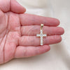 Oro Laminado Religious Pendant, Gold Filled Style Cross Design, with White Cubic Zirconia, Polished, Golden Finish, 05.342.0086