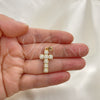 Oro Laminado Religious Pendant, Gold Filled Style Cross Design, with White Micro Pave and White Cubic Zirconia, Polished, Golden Finish, 05.342.0087