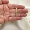 Oro Laminado Religious Pendant, Gold Filled Style Cross Design, with White Micro Pave, Polished, Golden Finish, 05.342.0096