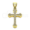 Oro Laminado Religious Pendant, Gold Filled Style Cross Design, with White Micro Pave, Polished, Golden Finish, 05.342.0096