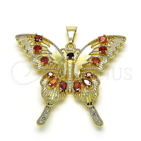 Oro Laminado Fancy Pendant, Gold Filled Style Butterfly Design, with Garnet and Black Cubic Zirconia, Polished, Golden Finish, 05.284.0001.1