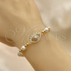 Oro Laminado Fancy Bracelet, Gold Filled Style Expandable Bead and Evil Eye Design, with White Micro Pave and Ivory Pearl, Polished, Golden Finish, 03.299.0104.07 (06 MM Thickness, 7 Inches Length)