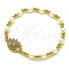 Oro Laminado Fancy Bracelet, Gold Filled Style Expandable Bead and Evil Eye Design, with White Micro Pave and Ivory Pearl, Polished, Golden Finish, 03.299.0104.07 (06 MM Thickness, 7 Inches Length)