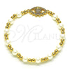 Oro Laminado Fancy Bracelet, Gold Filled Style Expandable Bead and Evil Eye Design, with White Micro Pave and Ivory Pearl, Polished, Golden Finish, 03.299.0104.07 (06 MM Thickness, 7 Inches Length)