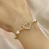 Oro Laminado Fancy Bracelet, Gold Filled Style Expandable Bead and Heart Design, with White Micro Pave and Ivory Pearl, Polished, Golden Finish, 03.299.0105.07 (06 MM Thickness, 7 Inches Length)