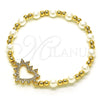 Oro Laminado Fancy Bracelet, Gold Filled Style Expandable Bead and Heart Design, with White Micro Pave and Ivory Pearl, Polished, Golden Finish, 03.299.0105.07 (06 MM Thickness, 7 Inches Length)