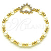 Oro Laminado Fancy Bracelet, Gold Filled Style Expandable Bead and Heart Design, with White Micro Pave and Ivory Pearl, Polished, Golden Finish, 03.299.0105.07 (06 MM Thickness, 7 Inches Length)