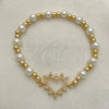 Oro Laminado Fancy Bracelet, Gold Filled Style Expandable Bead and Heart Design, with White Micro Pave and Ivory Pearl, Polished, Golden Finish, 03.299.0105.07 (06 MM Thickness, 7 Inches Length)
