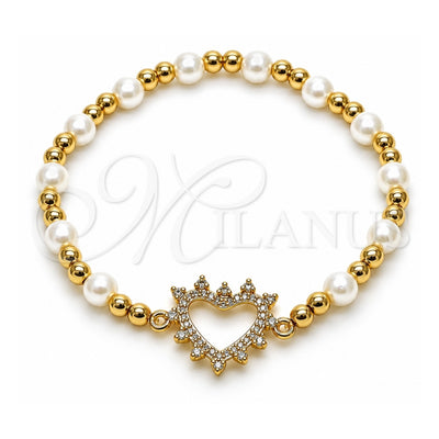 Oro Laminado Fancy Bracelet, Gold Filled Style Expandable Bead and Heart Design, with White Micro Pave and Ivory Pearl, Polished, Golden Finish, 03.299.0105.07 (06 MM Thickness, 7 Inches Length)