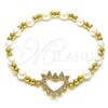 Oro Laminado Fancy Bracelet, Gold Filled Style Expandable Bead and Heart Design, with White Micro Pave and Ivory Pearl, Polished, Golden Finish, 03.299.0105.07 (06 MM Thickness, 7 Inches Length)