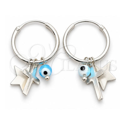 Sterling Silver Small Hoop, Evil Eye and Cross Design, with Aqua Blue Crystal, Polished, Silver Finish, 02.402.0002.15