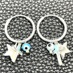 Sterling Silver Hoop Earrings — Small Hoop Evil Eye and Cross Design with — main product view — SKU 149433 | Plata 925 aretes de aro — Small Hoop Evil Eye and cruz diseño with — SKU 149433