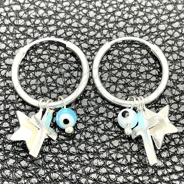 Sterling Silver Hoop Earrings — Small Hoop Evil Eye and Cross Design with — main product view — SKU 149433 | Plata 925 aretes de aro — Small Hoop Evil Eye and cruz diseño with — SKU 149433